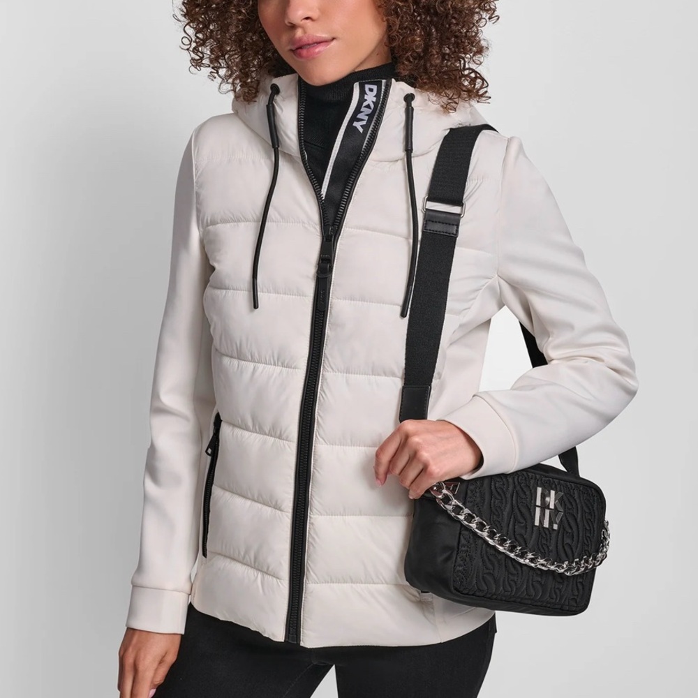 New With Tag!DKNY Women's Puffer Jacket Scuba Sleeves Mixed Media, White XXL